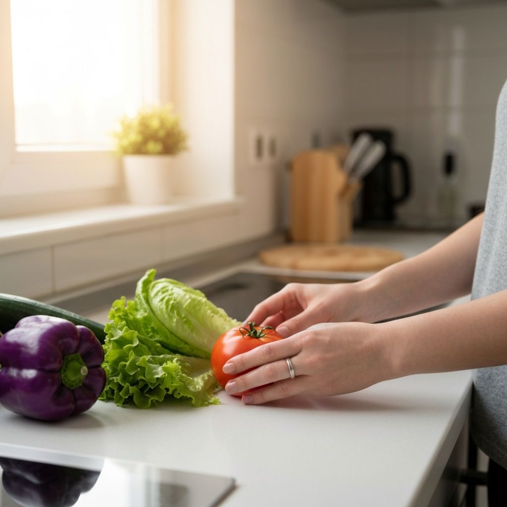 Hands arranging food items on a kitchen counter
