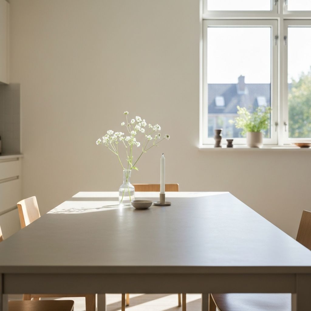 Neutral kitchen table setting with natural light